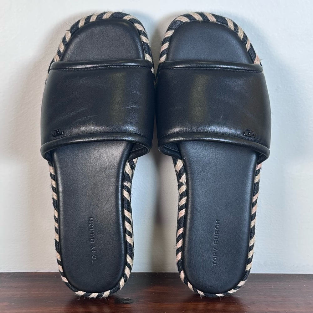 Tory Burch Espadrille Slide Sandal Braided Leather 7 Black Tan Open Toe Flat - Picture 6 of 6